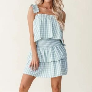 Andree By Unit Dress Gingham Ruffle Tiered Blue White NEW